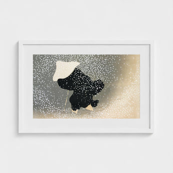Snow - Kamisaka Sekka Meiji Period Art Print / Canvas Black Silhouette Figure White Hat Coat Umbrella Sekka’s, Whispers Winter’s Secrets,