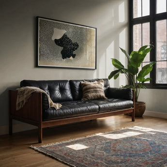 Snow - Kamisaka Sekka Meiji Period Art Print / Canvas Black Leather Tufted Sofa Wooden Frame Kamisaka Sekka’s Snow, Whispers Winter’s