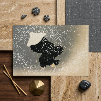 Snow - Kamisaka Sekka Meiji Period Art Print / Canvas Minimalist Black-and-white Illustration Figure Wide-brimmed Hat Snow Rendered
