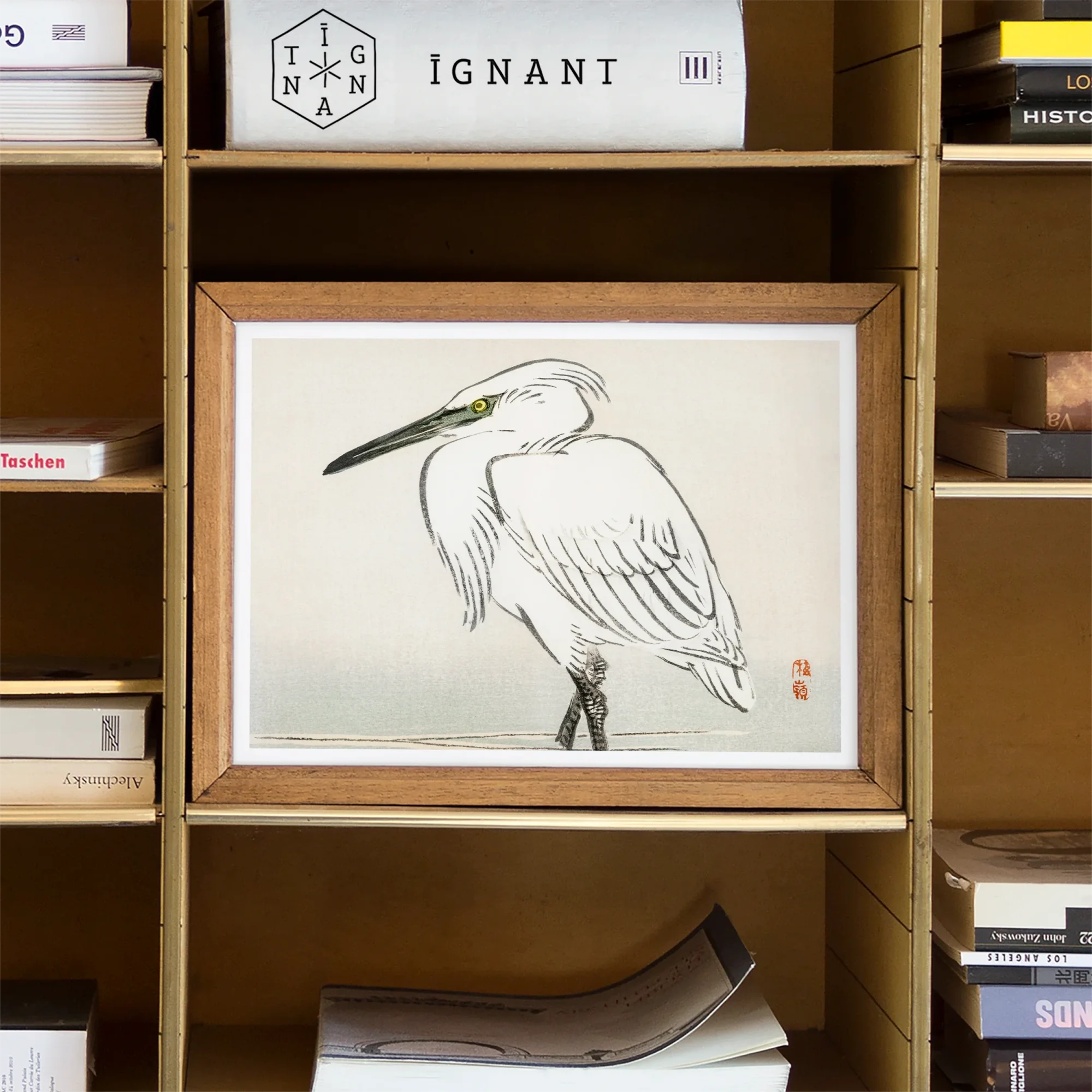 Snowy Egret - Kōno Bairei Kacho-e Art Print, Framed Ink White Egret Heron Yellow Eye