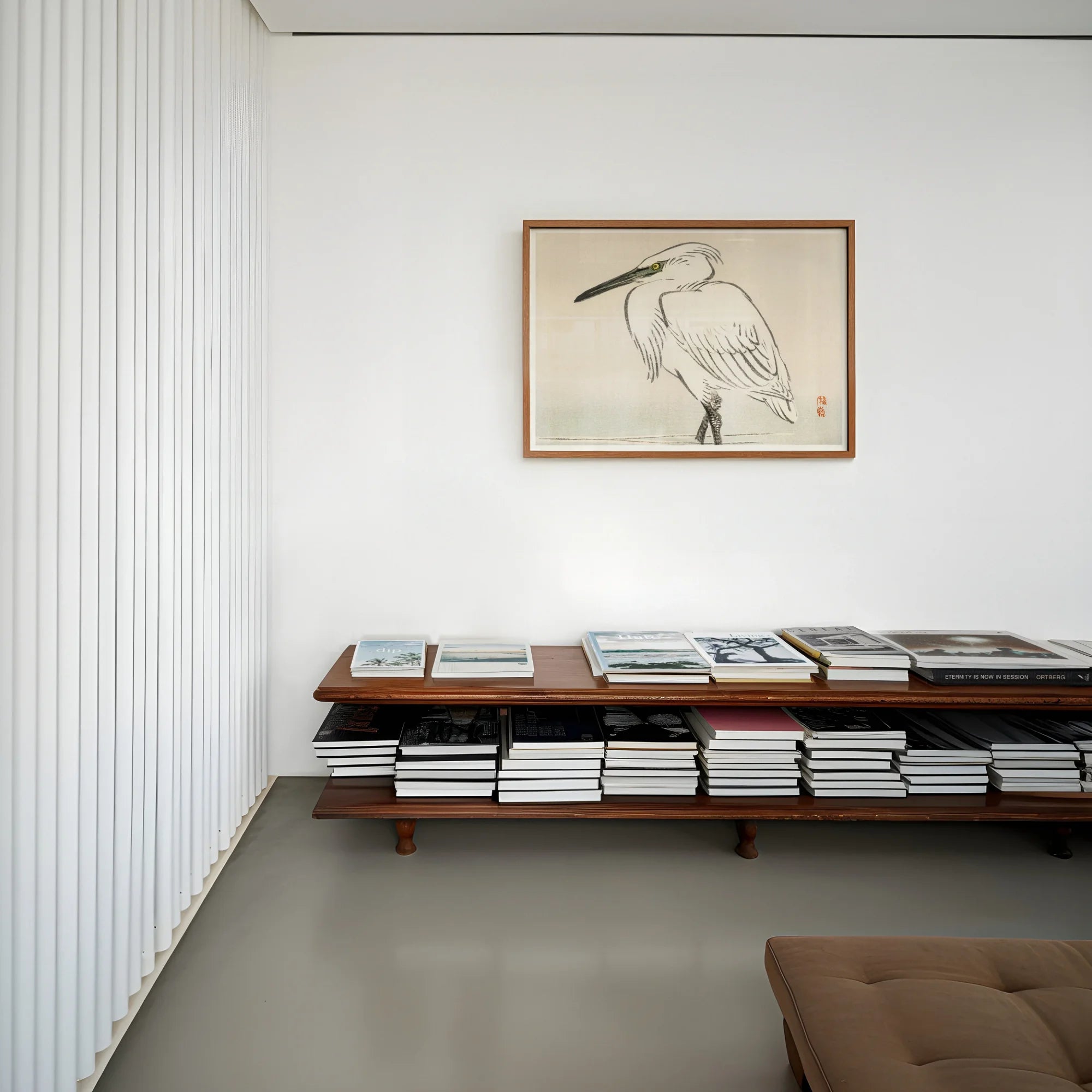 Snowy Egret - Kōno Bairei Kacho-e Art Print, Minimalist Ink Heron Crane Mounted White Wall