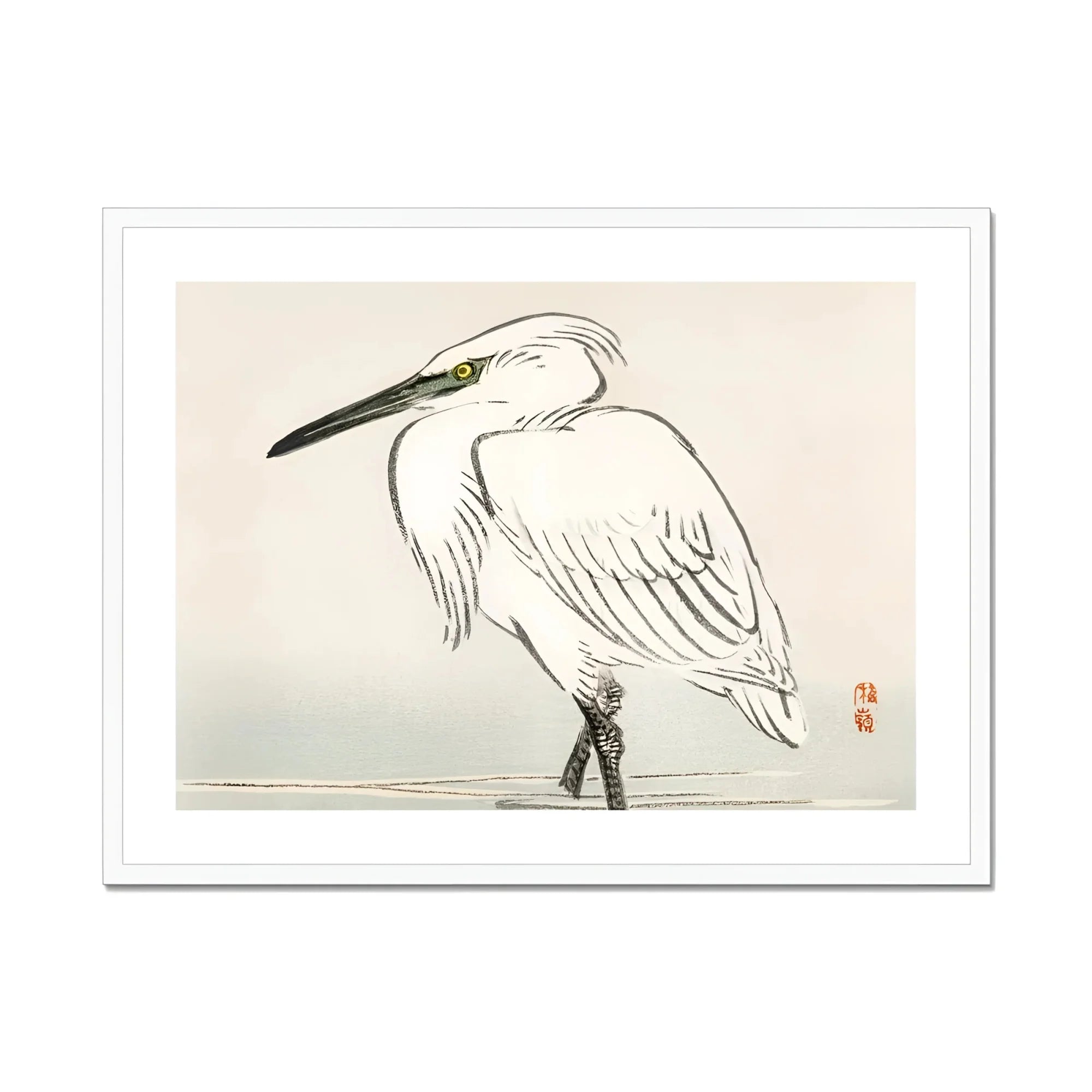 Snowy Egret - Kōno Bairei Kacho-e Art Print, White Heron Long Beak Traditional Japanese Ink Brush