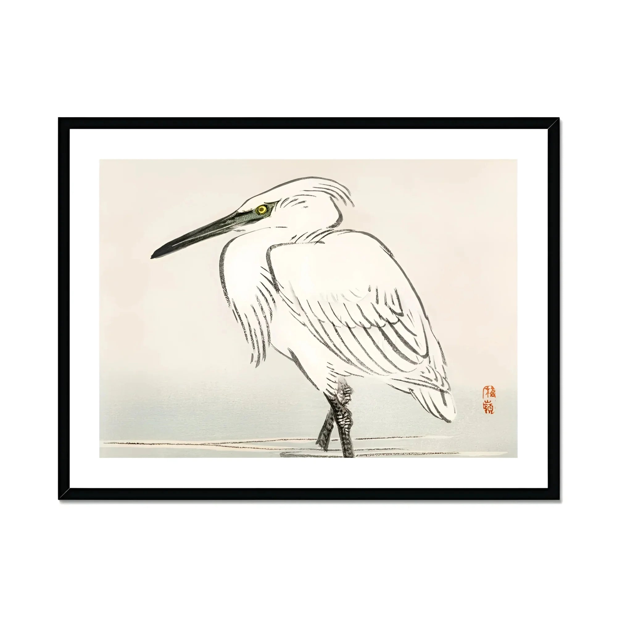 Snowy Egret - Kōno Bairei Kacho-e Art Print, White Heron Long Pointed Beak Traditional Japanese Ink