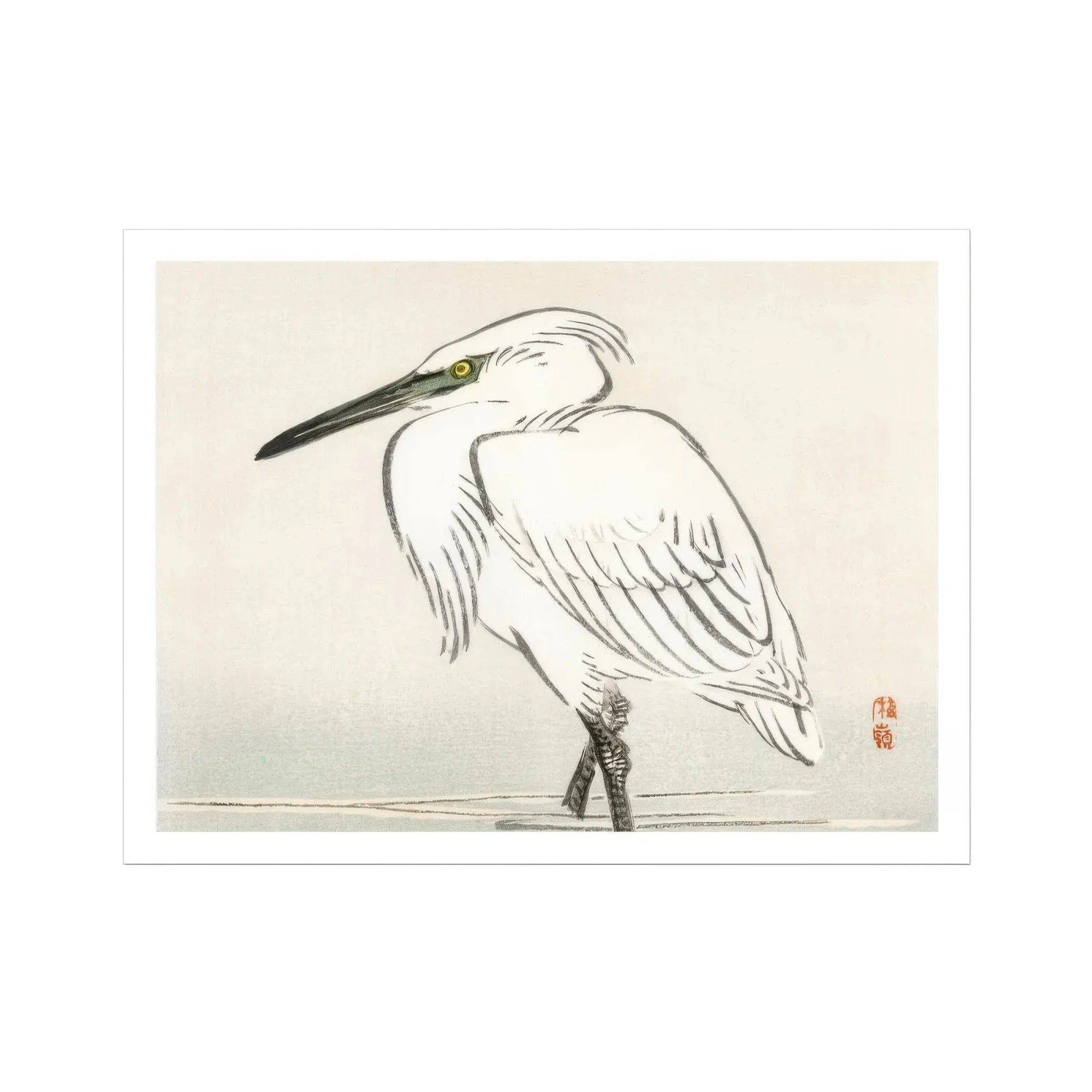 Snowy Egret - Kōno Bairei Kacho-e Art Print, White Heron Ruffled Feathers Long Beak