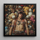 Soft Landing Lowbrow Gay Pilot Art Framed Canvas, 12x12’’ / 31x31cm / Black Floating Frame, Man Surrounded Teddy Bears