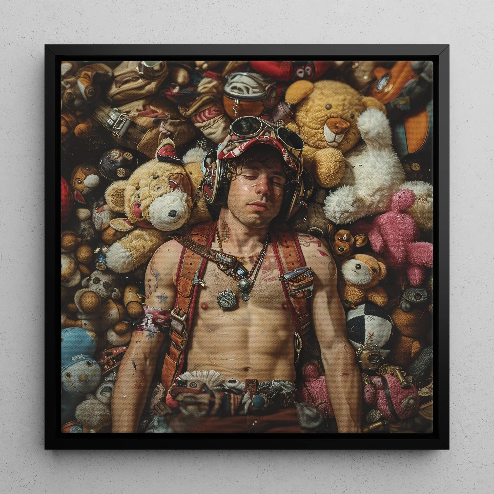 Soft Landing Lowbrow Gay Pilot Art Framed Canvas, 12x12’’ / 31x31cm / Black Floating Frame, Man Surrounded Teddy Bears