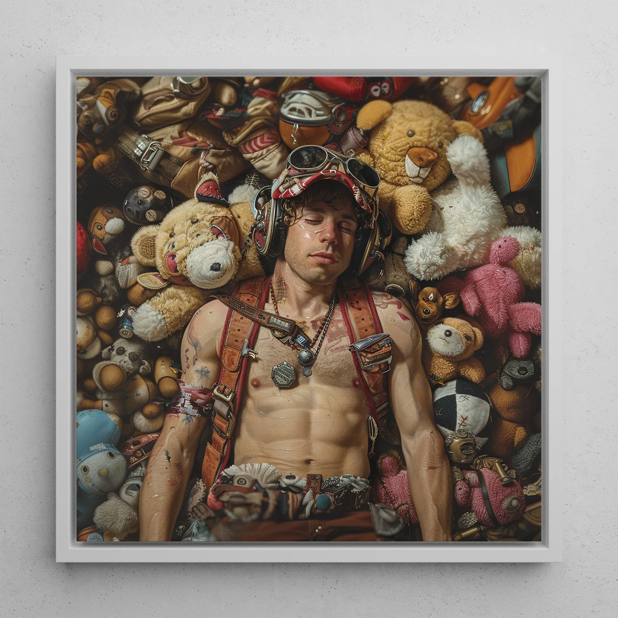 Soft Landing Lowbrow Gay Pilot Art Framed Canvas, 12x12’’ / 31x31cm / White Floating Frame, Framed Art Print Man Surrounded Stuffed Animals