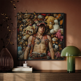 Soft Landing - Lowbrow Gay Pilot Art Framed Canvas, Framed Art Man Surrounded Teddy Bears