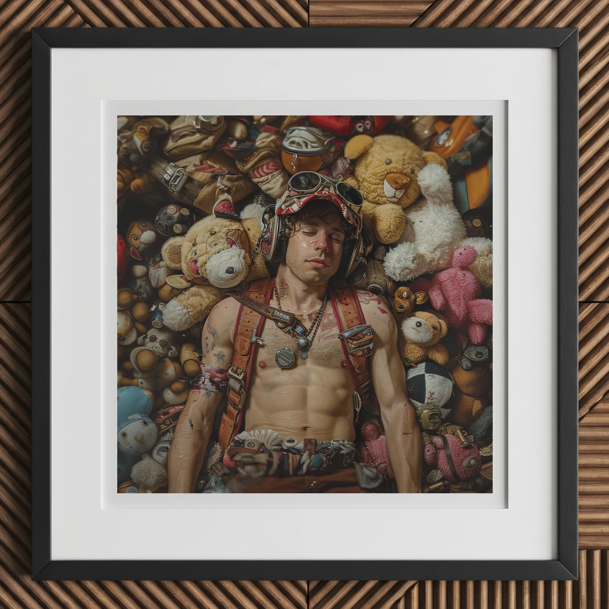 Soft Landing - Lowbrow Gay Pilot Art Print, 12x12’’ / 31x31cm / Black Frame / 2’’ Matboard, Framed Artwork Young Man Amidst Numerous Teddy