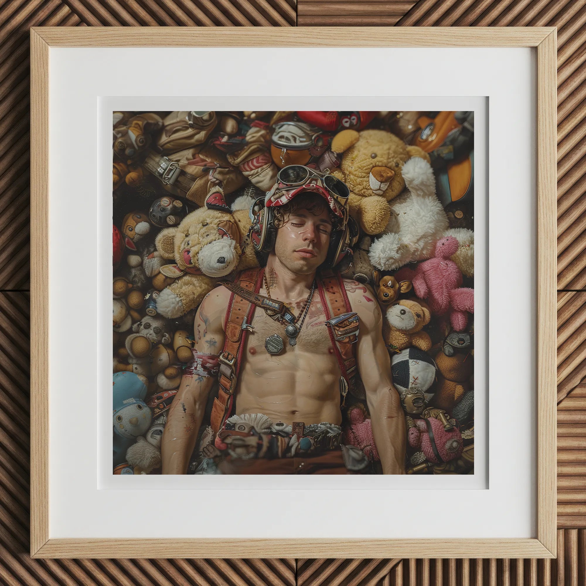 Soft Landing - Lowbrow Gay Pilot Art Print, 12x12’’ / 31x31cm / Natural Frame / 2’’ Matboard, Framed Artwork Person Amongst Stuffed Animals