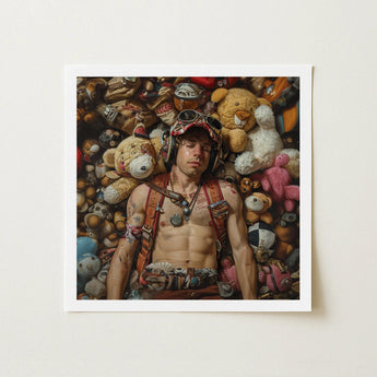 Soft Landing - Lowbrow Gay Pilot Art Print / Canvas Framed Man Surrounded Numerous Stuffed Animals Handsome Homoerotic Queer, Prints