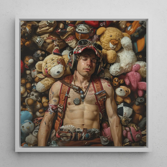 Soft Landing - Lowbrow Gay Pilot Art Print / Canvas Framed Painting Man Aviator Gear Surrounded Numerous Stuffed Handsome Homoerotic Queer,