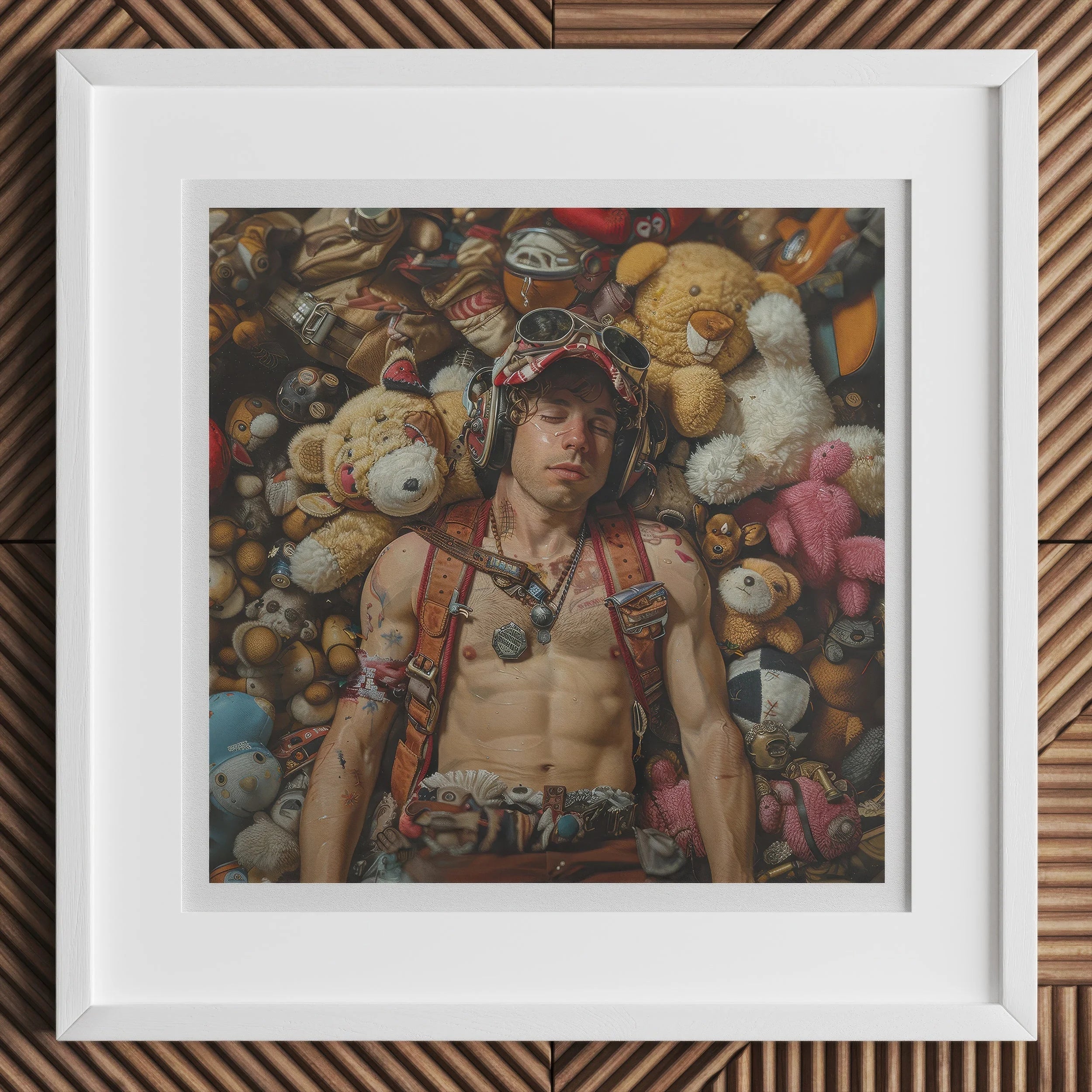 Soft Landing Lowbrow Gay Pilot Art Print, Framed Photograph Shirtless Person Pilot’s Cap Surrounded Stuffed