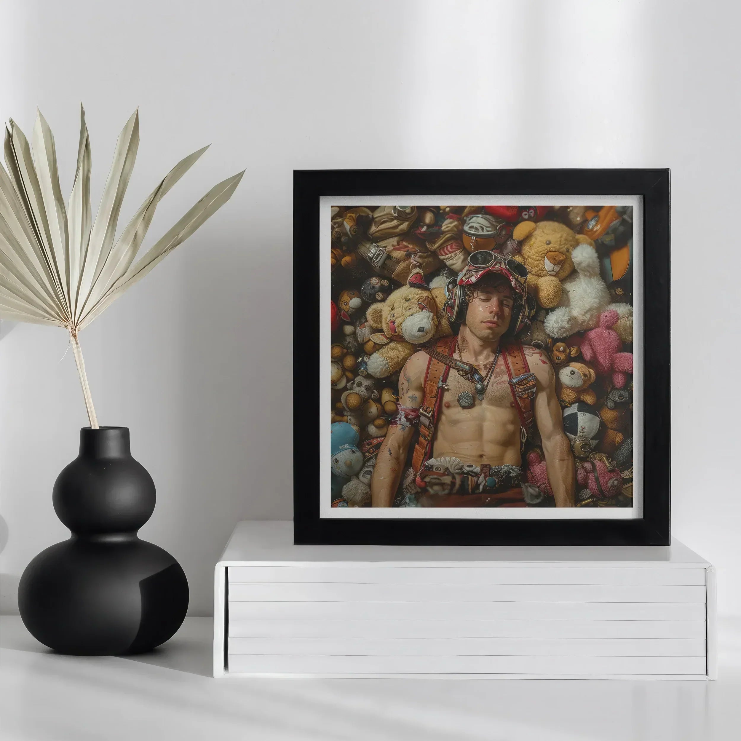 Soft Landing Lowbrow Gay Pilot Art Print, Framed Photograph Shirtless Person Surrounded Stuffed Toys Ornate