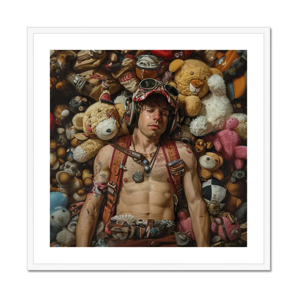 Soft Landing Lowbrow Gay Pilot Art Print, Shirtless Person Surrounded Stuffed Teddy Bears Plush Toys