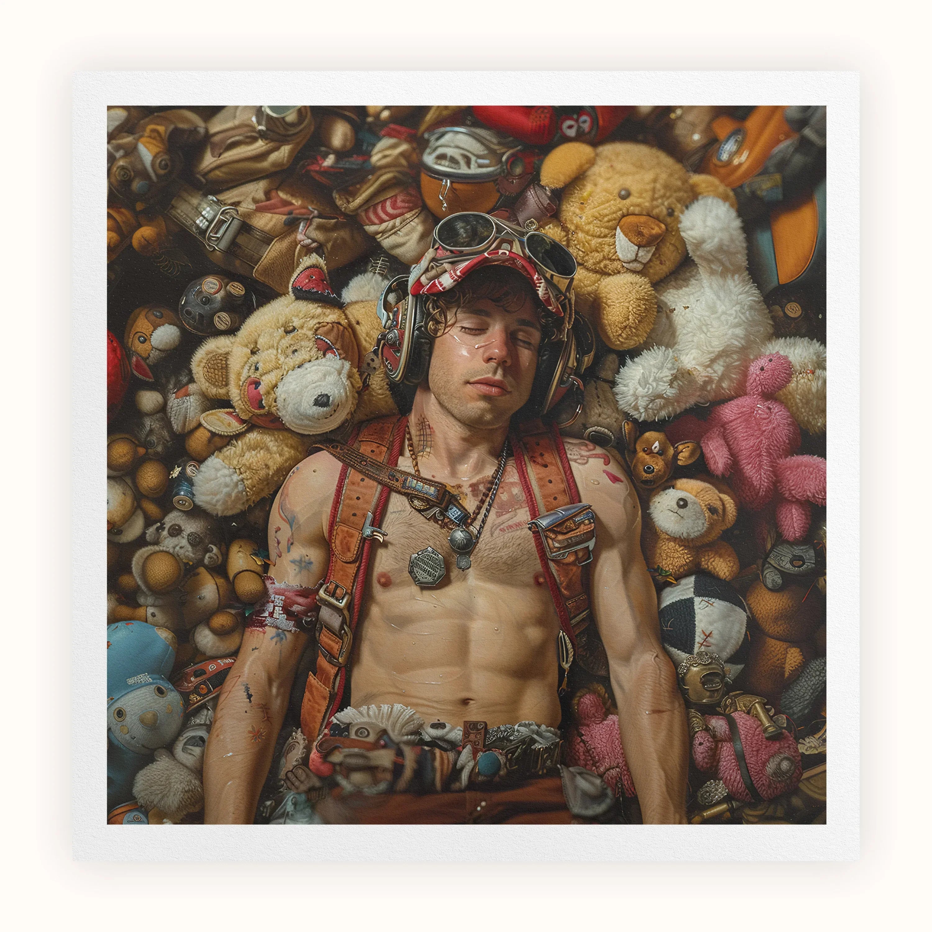 Soft Landing Lowbrow Gay Pilot Art Print, Shirtless Young Man Goggles Accessories Surrounded Stuffed Animals