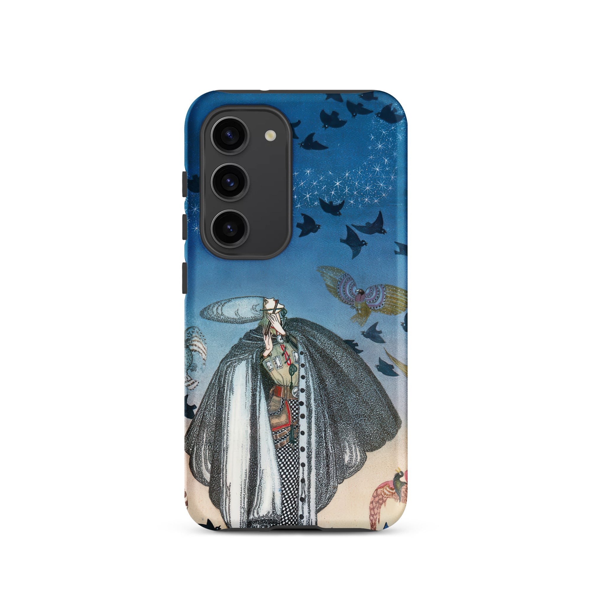 Soldier Summoning Birds - Kay Nielsen Samsung Case, Galaxy S23 / Matte, Smartphone Case Illustration Cloaked Figure Starry Bird-filled Sky
