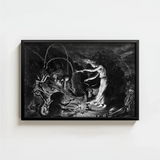 Black-framed Artwork Dramatic Monochromatic Figure Robes Grotesque Creatures Crooked Hearth Burns, Velde Ii Art, Conjurer Leans