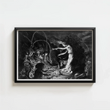 Black-framed Black-and-white Artwork Dramatic Scene Figures Mythical Creatures Crooked Hearth Burns, Velde Ii Art, Conjurer Leans