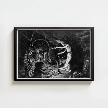 Black-framed Black-and-white Artwork Dramatic Scene Figures Mythical Creatures Crooked Hearth Burns, Velde Ii Art, Conjurer Leans