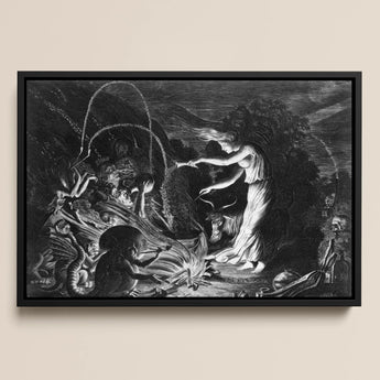 The Sorceress - Jan Van De Velde Ii Art Print / Canvas Black-framed Black-and-white Mythological Scene Crooked Hearth Burns, Velde Ii Art,