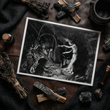 The Sorceress - Jan Van De Velde Ii Art Print / Canvas Black-and-white Engraved Dramatic Scene Figures Creatures Framed Crooked Hearth