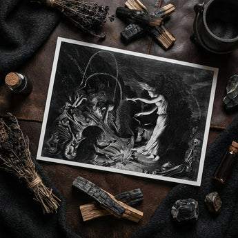 The Sorceress - Jan Van De Velde Ii Art Print / Canvas Black-and-white Engraved Dramatic Scene Figures Creatures Framed Crooked Hearth