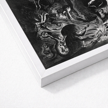 White-framed Black-and-white Print Detailed Darkly Illustrated Scene Fantastical Crooked Hearth Burns, Velde Ii Art, Conjurer Leans