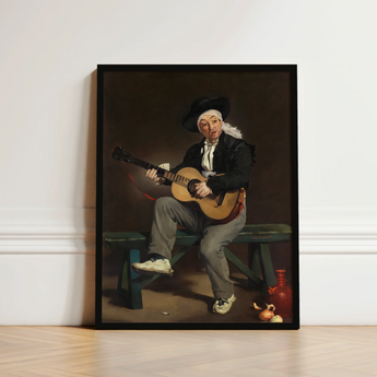 Framed Painting Man Period Attire Acoustic Guitar Set Spanish Singer, Tears, Working Guitarist Caught, Mid-phrase, Black Bolero Hat,