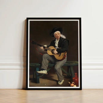 Black-framed Art Print Man Period Attire Acoustic Guitar Spanish Singer, Tears, Working Guitarist Caught, Mid-phrase, Black Bolero Hat,