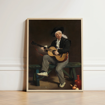 Framed Painting Man Black Hat Coat Acoustic Guitar Spanish Singer, Tears, Working Guitarist Caught, Mid-phrase, Bolero, Throwing, Shadow,
