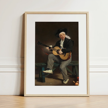 The Spanish Singer - Edouard Manet Art Print / Canvas Framed Light Wood Frame White Man, Tears, Working Guitarist Caught, Mid-phrase, Black