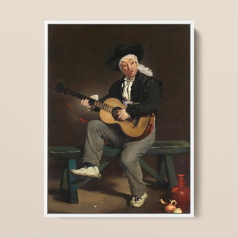 The Spanish Singer - Edouard Manet Art Print / Canvas Framed Oil Painting Man Black Attire White Headscarf, Tears, Working Guitarist