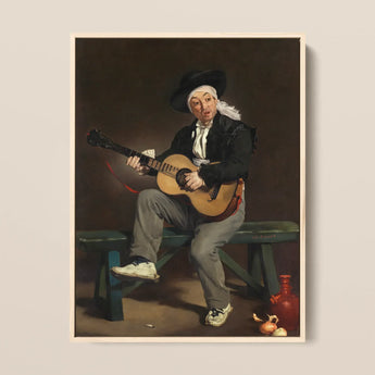The Spanish Singer - Edouard Manet Art Print / Canvas Framed Painting Man Black Attire White Headscarf Acoustic, Tears, Working Guitarist