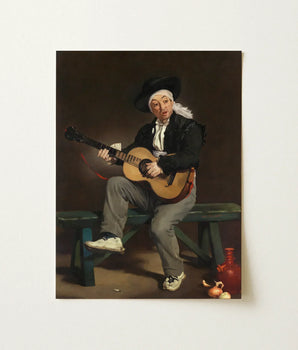 Framed Reproduction Classical Painting Older Man Black Attire Spanish Singer, Tears, Working Guitarist Caught, Mid-phrase, Bolero Hat,