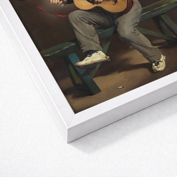 Framed Painting Person Acoustic Guitar Seated Green Bench Spanish Singer, Tears, Working Guitarist Caught, Mid-phrase, Black Bolero Hat,