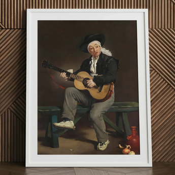 The Spanish Singer - Edouard Manet Art Print / Canvas White-framed Classical Painting Man Dark Attire Wide-brimmed, Tears, Working