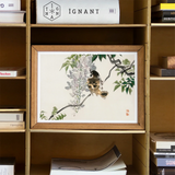 Sparrow on a Branch - Kono Bairei Meiji Era Art Print / Canvas Framed Asian-style Watercolor Painting Bird Perched Among Wisteria Meiji-era