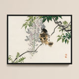 Sparrow on a Branch - Kono Bairei Meiji Era Art Print / Canvas Framed Traditional Ink Wash Painting Bird Perched Branch Meiji-era Avian