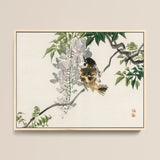 Sparrow on a Branch - Kono Bairei Meiji Era Art Print / Canvas Framed Traditional Japanese Ink Wash Painting Bird Perched Meiji-era Avian