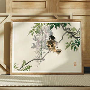 Sparrow on a Branch - Kōno Bairei Meiji Era Art Print, Framed Japanese-style Artwork Bird Perched Among Wisteria Blossoms