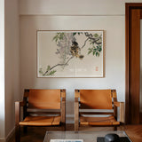 Sparrow on a Branch - Kōno Bairei Meiji Era Art Print, Two Tan Leather Chairs Wooden Frames Positioned