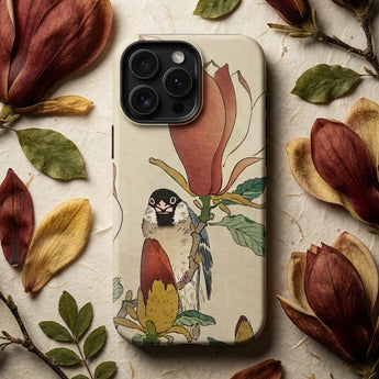 Sparrow on Magnolia - Ohara Koson Kachō-e Phone Case Beige Detailed Illustration Bird Perched, Koson’s Mesmerizing, Artistry Mobile Cases