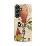 Sparrow on Magnolia - Ohara Koson Kachō-e Phone Case Samsung Galaxy S25 Plus / Matte Beige Detailed Illustration Perched Peach-colored,
