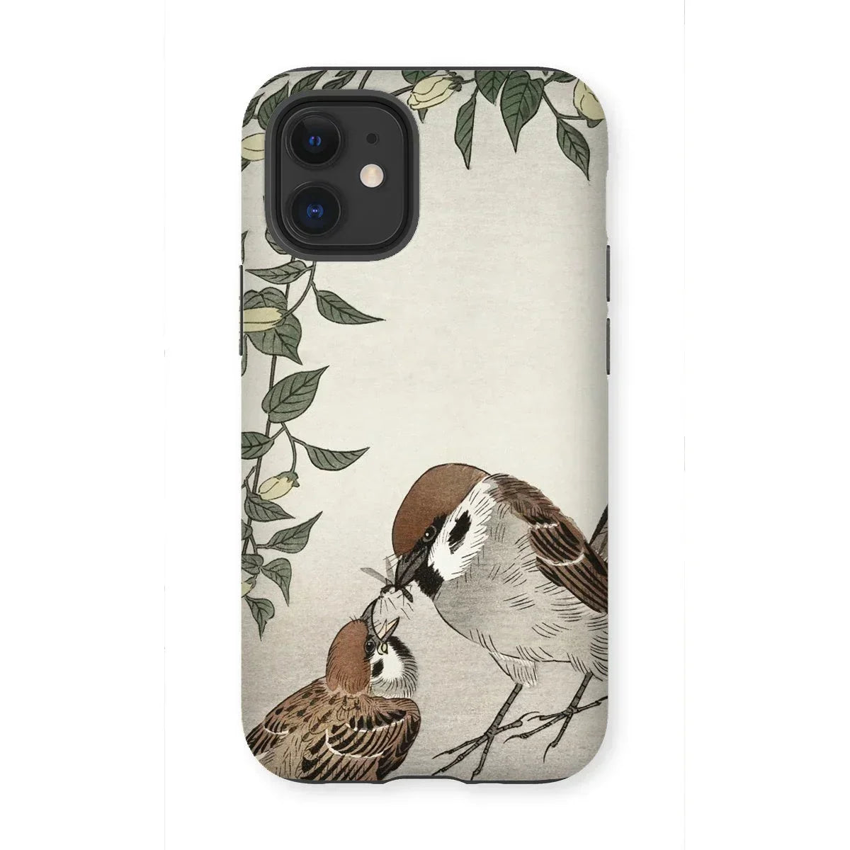 Sparrows Feeding - Ohara Koson Japanese Bird Iphone Case, 12 Mini / Matte, Phone Case Illustration Two Sparrows Decorative Foliage