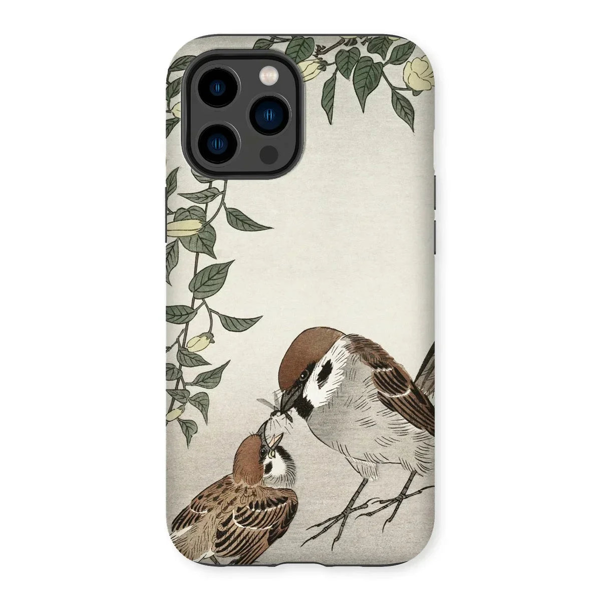 Sparrows Feeding - Ohara Koson Japanese Bird Iphone Case, 14 Pro Max / Matte, Iphone Case Nature-inspired Design Two Sparrows Leafy Branches