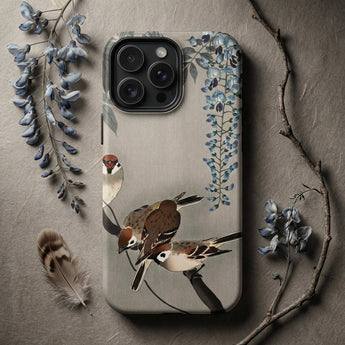 Sparrows and Wisteria - Ohara Koson Shin-hanga Phone Case Beige Phone Case Adorned Delicate Illustration Birds Blue Ohara Koson,