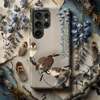 Sparrows and Wisteria - Ohara Koson Shin-hanga Phone Case Gray Phone Case Detailed Illustration Three Birds Brown Ohara Koson,