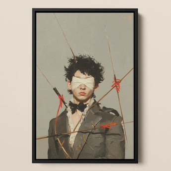 Spearhead - Dapper Gay Outlaw Framed Canvas, 12x18’’ / 31x46cm / Black Floating Frame, Framed Painting Blindfolded Figure Pierced Arrows