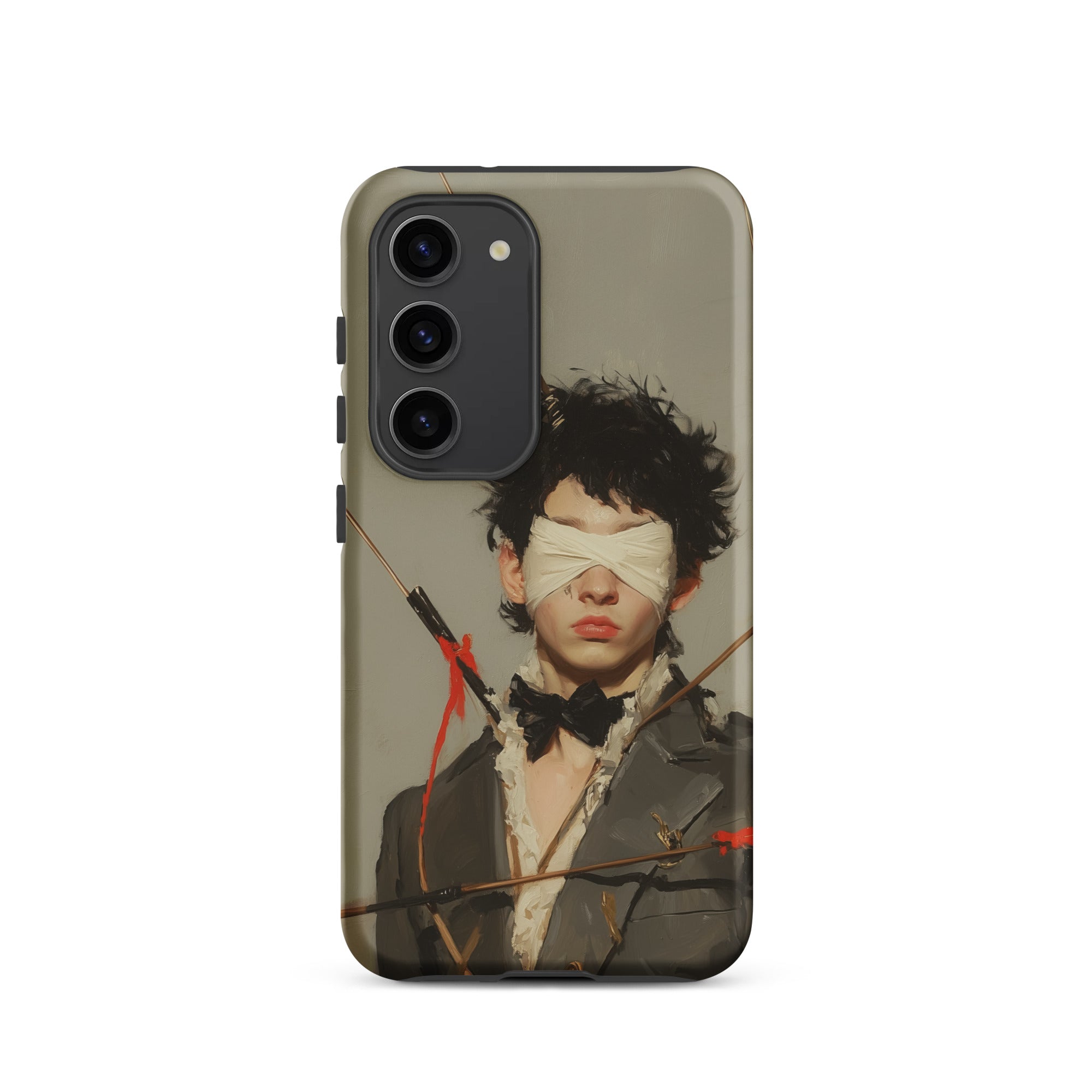 Spearhead New Romantic Outlaw Dandy Samsung Case, Galaxy S23 / Matte, Phone Case Stylized Portrait Blindfolded Person Arrows